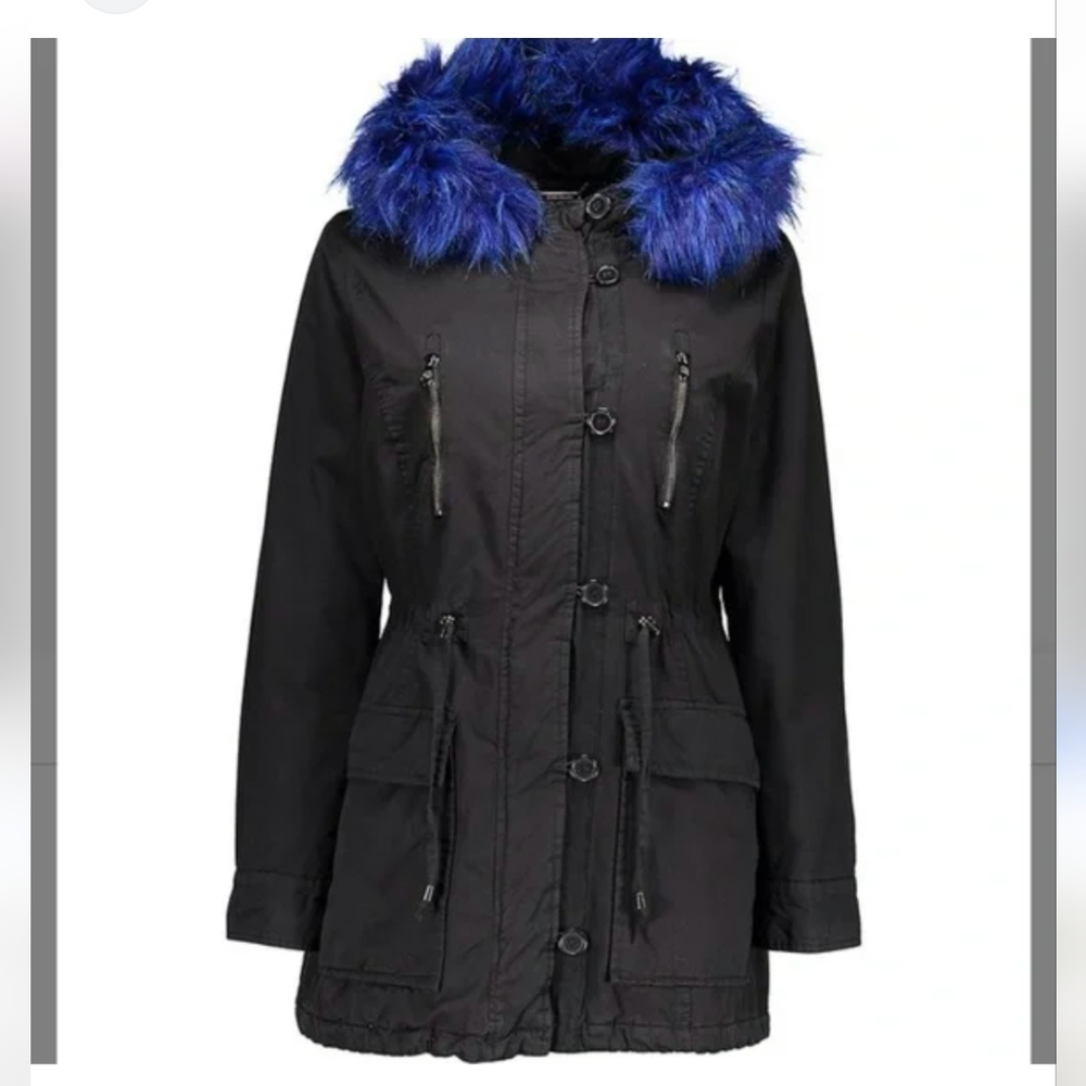 Steve Madden Cotton Black Blue Hooded Jacket Coat Size Medium